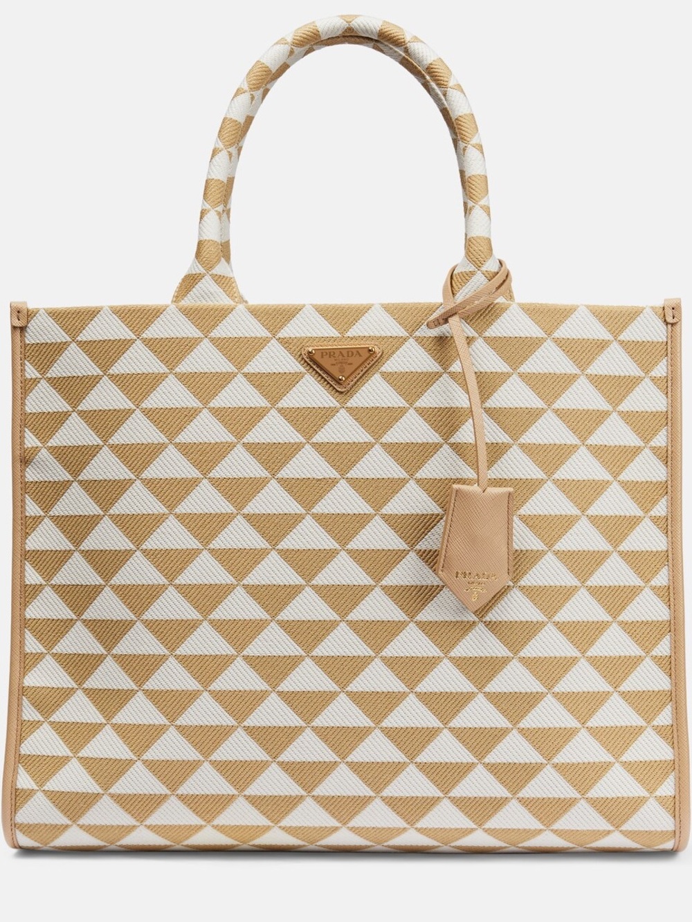 Prada Big Tote  Beige and White Geometric Top-Handle